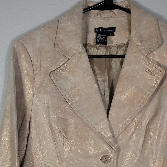 Y2K Vintage C&E Women Metallic Suede Leather Jacket Size 6/S Gold Champagne - Picture 2 of 16
